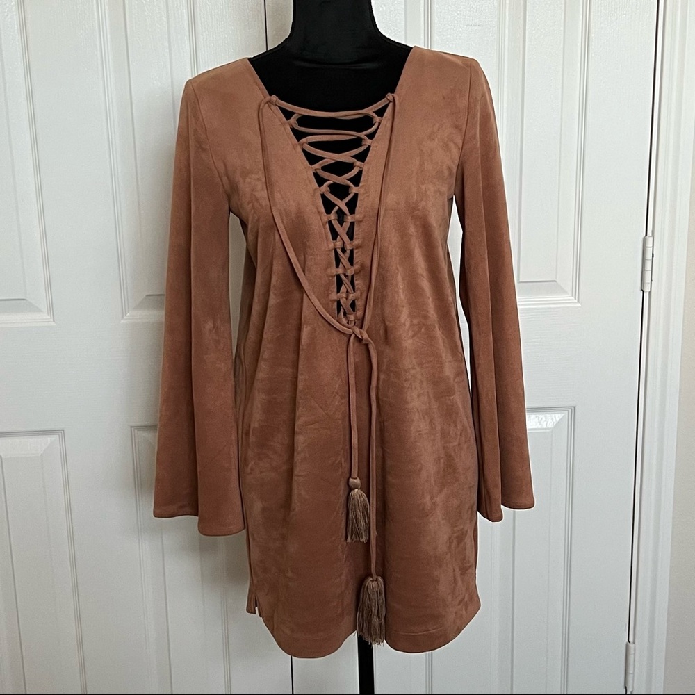 Olivaceous faux suede minidress